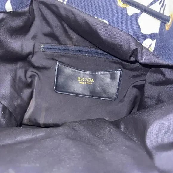 VTG ESCADA Nautical Dolphin Floral Blue Leather Drawstring Bucket Bag Crossbody - Picture 7 of 15